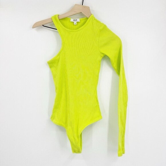 Agolde Bea Bodysuit XS Citron Neon Green Cutout Asymmetrical Thong - Picture 2 of 8